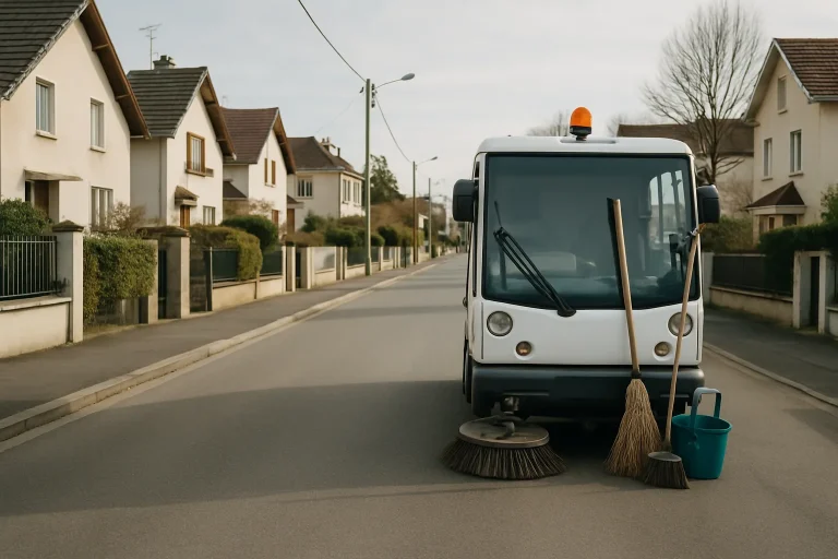 Rue résidentielle à Orly avec une voiture de nettoyage stationnée, prête pour une intervention après sinistre