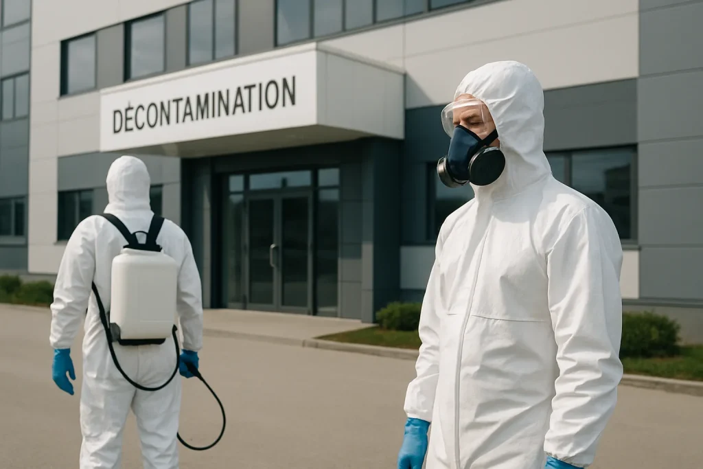 Entreprise moderne de décontamination à Villejuif avec employés en tenue de sécurité