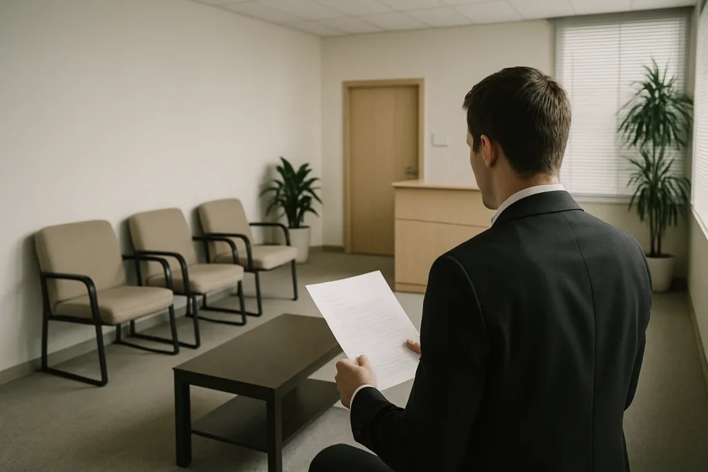 Personne de dos tenant des papiers dans une salle d'attente d'assurance, lumière douce.