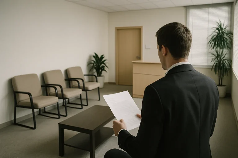 Personne de dos tenant des papiers dans une salle d'attente d'assurance, lumière douce.