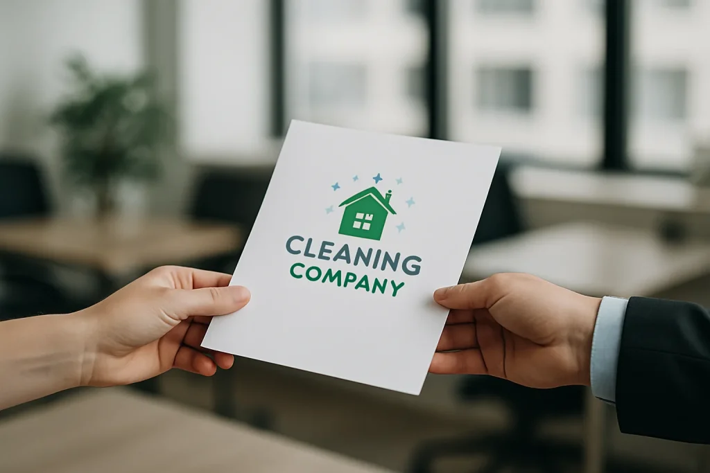 Deux mains échangeant un document avec un logo de nettoyage dans un bureau.