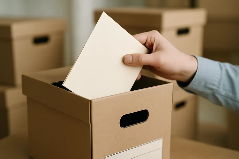 Gros plan sur une boîte d'archives avec une main insérant un document, fond de cartons