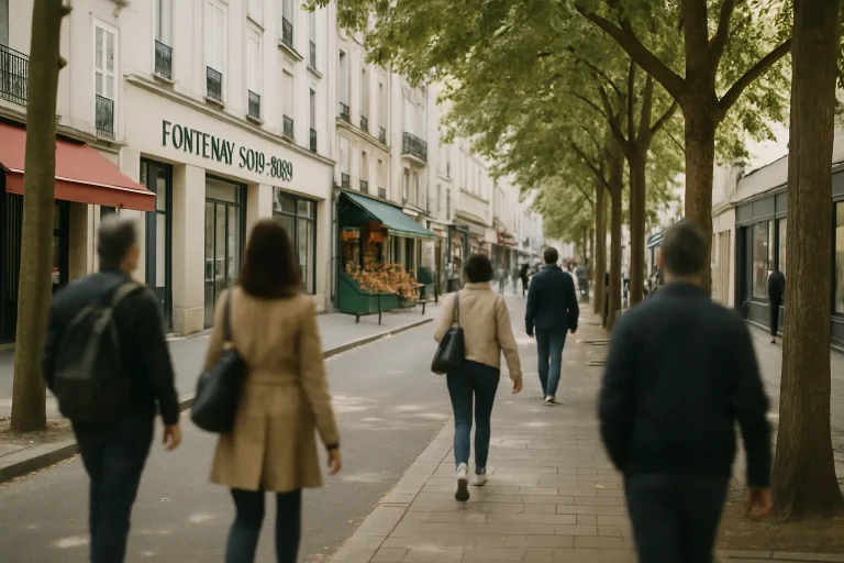 Rue animée à Fontenay-sous-Bois avec passants flous, commerces et arbres.