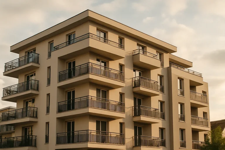 Immeuble moderne à Maisons-Alfort avec ciel nuageux, prêt pour des visites.